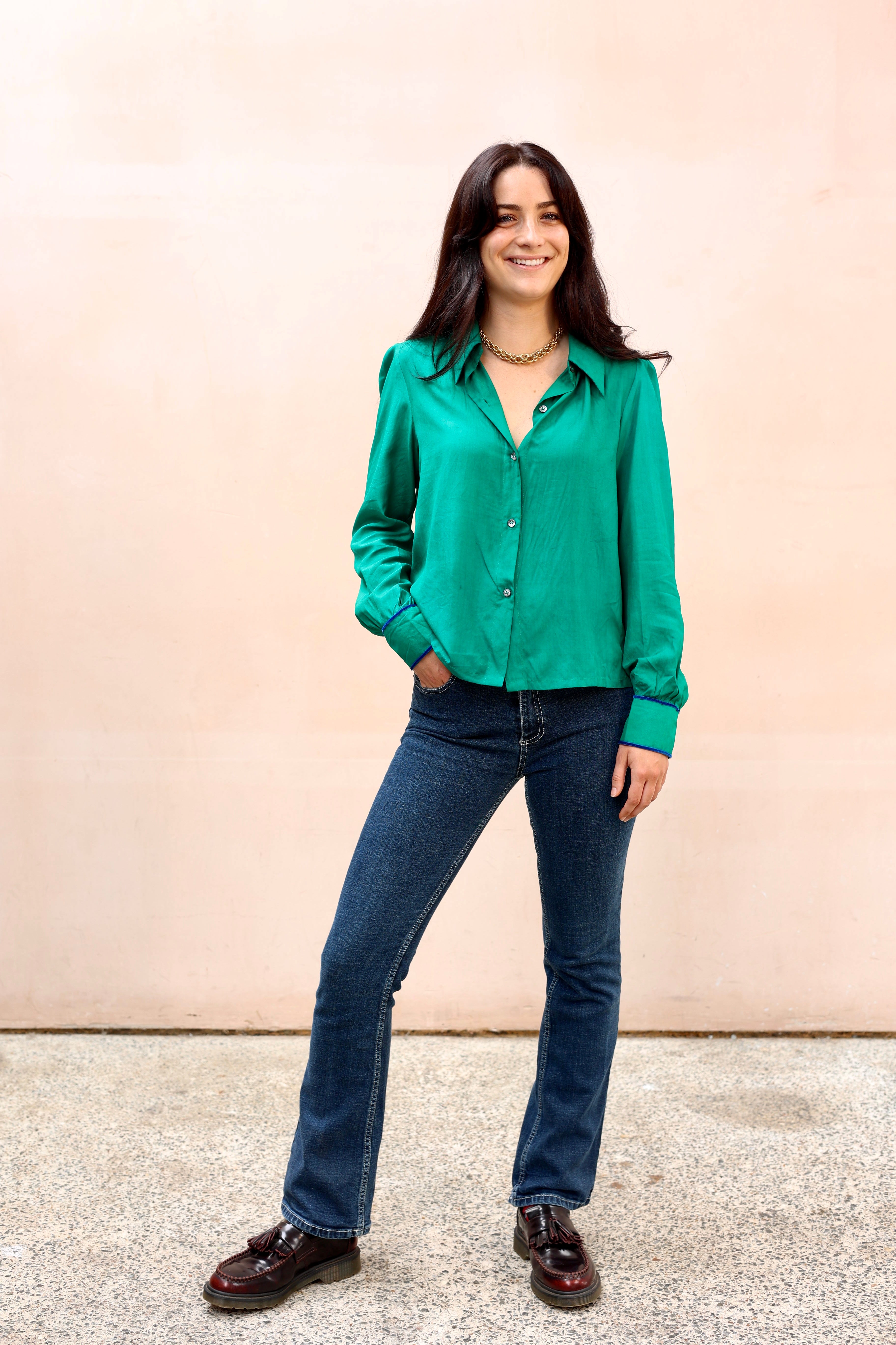 Henrietta Bevan green silk Mila blouse. Best seller high quality 